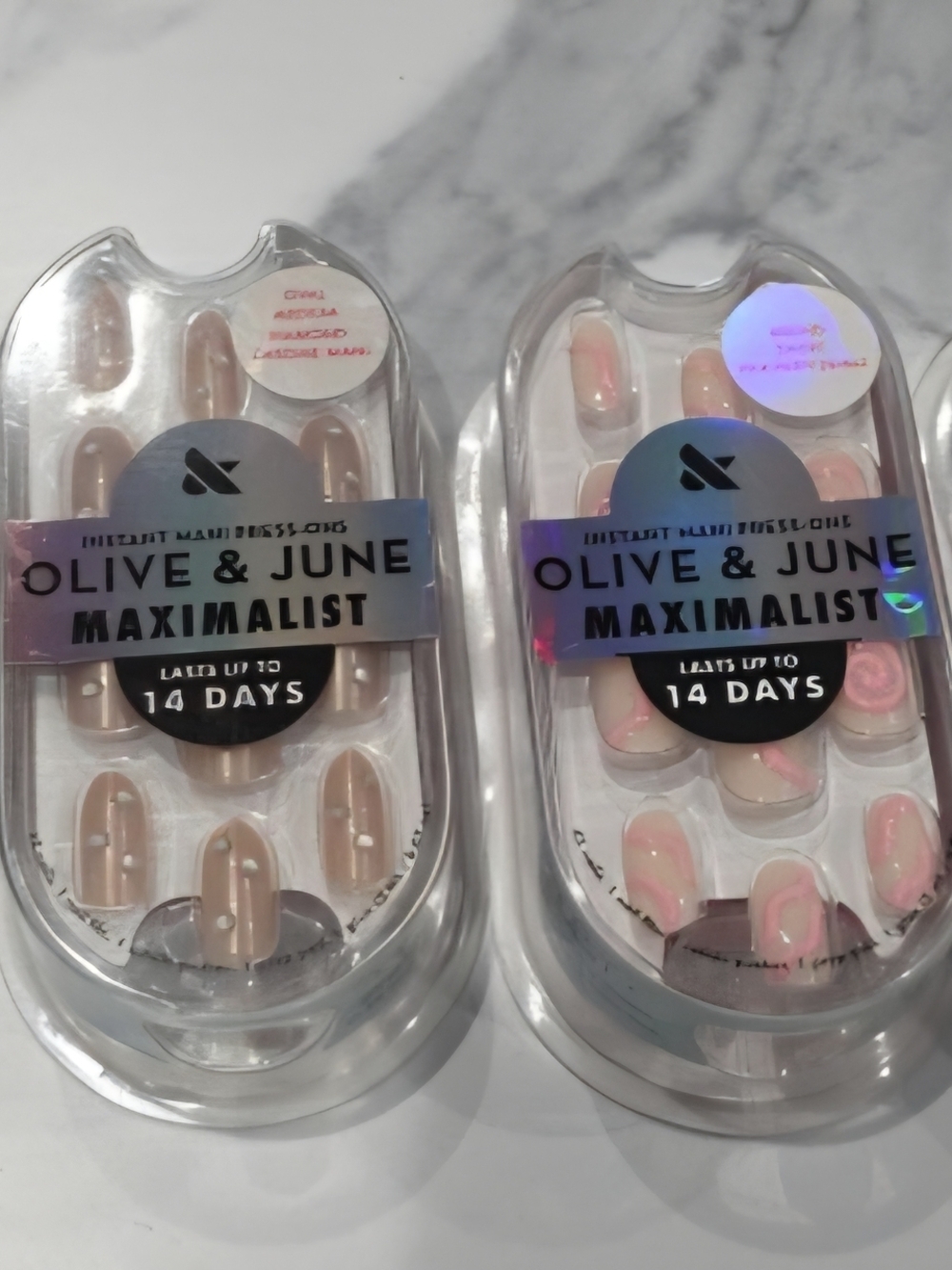 4 x Olive & June Minimalist Press On Nails, (2) Pink Swirls/ (2) Diamond Chrome